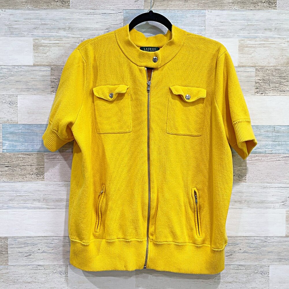 LRL RALPH LAUREN Short Sleeve Full Zip Sweater Jacket Yellow Womens 2X
